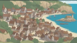 gothic medieval village at foot of cliffs, wooden harbour, shops, inn, taverns, houses, people, trees