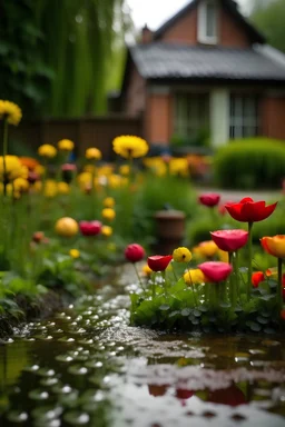 paisaje de un jardin en Holanda, un dia de lluvia, mostrando gotas en los petalos de las flores