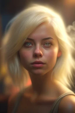 a cute blonde female that stares at us like we are the prettiest demons she has ever seen, its such a perfect day, motion blur, smoke, 8k, downlight, soft light, depth of field, photorealism, trending on art station, lotsa detail