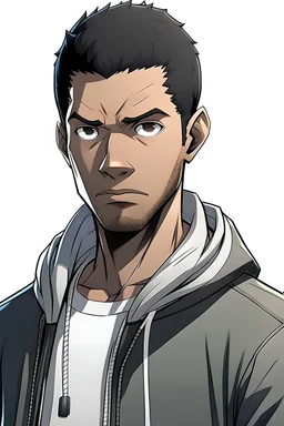 Anime male, dark skinned, age 30, short buzzed haircut, black highlights in hair, black natural hair color, black and gray zip up jacket, dark brown eyes, lean slim muscular body, furrowed brow, no smile
