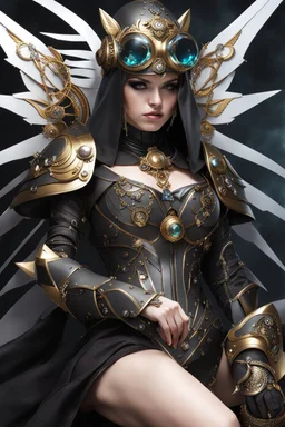 Fullbody of Steampunk armor, burka,beautiful angel wings, angry,malicious, goddess, warrior girl, crystal, broken glass, jewelry, ornements, half opened mouth, starcraft, magical orbe, cat eyes,white face,scifi, technology, photography