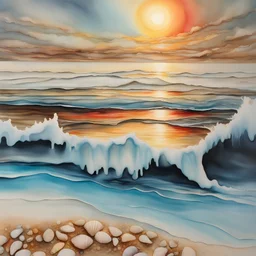 Alcohol ink art with thin black and gold lines at boundaries. Hyper realism, Fantasy, Surrealism, HD, Detailed. Centered. Shades of white, gold, red, and light blue. A beach with fine sand. Very large sun rise on horizon. Reflection. Small Waves splashing. Seashells. The sky filled with the morning colors of sunrise.