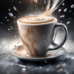 Splash art of photograph of a beutiful, cup of cappuccino in magical black, shimmering metal, shining diamonds,highly detailed, digital realistic painting, light flairs concept art, smooth, matte, intricate details, eerie, sharp focus, octane render, sliding on ice, 3D, hyper photorealistic high quality, detailed photography sharp face, photorealistic detail sparkling, full HD cinematic 225k high quality, high resolution, Ultra realistic, Digital graphics.high quality HDR