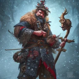 Insanely detailed photograph of an “D&D barbarian santa” with intricate detailed beard, intricate embroidered clothing, hyperdetailed painting by Ismail Inceoglu Huang Guangjian and Dan Witz CGSociety ZBrush Central fantasy art album cover art,8K, hdr, mysterious, ominous, snowflakes,jolly