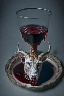 cursed meal with a goat head without skin photorealistic image, served on a plate, with blood to drink in a glass