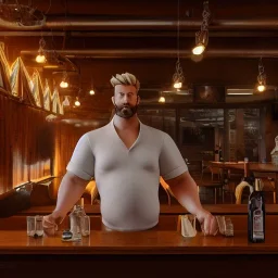 large broad shoulder man wearing a white shirt, big belly, messy blonde hair, standing in a bar, illumination, brilliant coloring, smooth, sharp focus, crispy quality, vray; Artstation; HD, HDR, SF, CGSociety, 16k, photorealistic, unreal engine