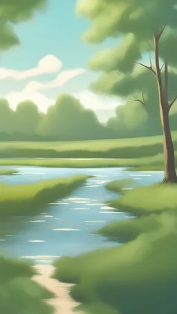 Rio corrente em um campo bonito céu ensolarado, árvores distantes cinematográfico, desenho arte