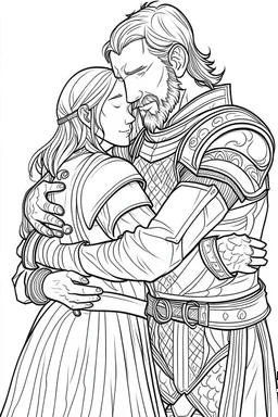 coloring page, minimal detail. HD. Woman hugging a male knight with a beard. No background detail.