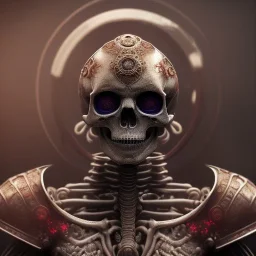 a skeleton warrior wearing samurai armor in hr giger style, red blood floating from above in background, steam punk, realistic, made in octane, cinematic, ultra-realistic, extremely detailed octane rendering, 8K, VRAY Super Real ar 2:3, dof photorealistic futuristic 50mm lens hard lighting dark gray tintype photograph, realistic lighting, sepia color