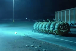 anthropomorphic pumpkin centipede hybrid hiding behind dumpster in a Wal-Mart parking lot at night, horror, dashboard cam, high film grain, low contrast, night vision