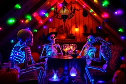 Glowing Halloween skeletons having a tea party in the haunted house attic. Colorful string lights and festive decorations create a spooky magical atmosphere