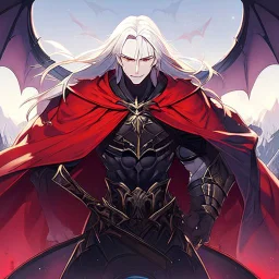 Vampire knight, young man, handsome, long white hair, black full plate armor, red cape