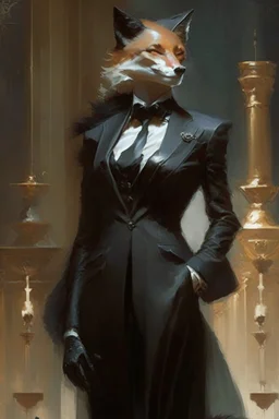 a fox in black suit and court gown in the style of Aleksi Briclot, Charlie Bowater, Dean Cornwell, and Pino Daeni