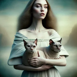 Single image: A Very Beautiful pretty dreamy Lady holding elegant Sphynx-like Siamese cat in eerie beautiful landscape art by Anka Zhuravleva, Sandy Welch, Jane Small, Aliza Razell, Eduard Veith, Joel Robison, Mikhail Vrubel, Ferdinand Hodler, Christoffer Relander, William Timlin, Charles Rennie Mackintosh, John Lowrie Morrison, Sidney Nolan. 3/4 Headshot, Volumetric lighting, 3d, mixed media, Best quality, crisp quality