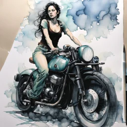 create a highly ethereal, darkly magical full body ink wash and watercolor illustration of a dark haired girl on her motorcycle, with highly detailed and deeply cut facial features, in the style of KATHE KOLLWITZ combined with the comic art style of BILL SIENKIEWICZ and JEAN GIRAUD MOEBIUS, searing lines and forceful strokes, precisely drawn, inked, with vibrant colors in dramatic natural light and shadow