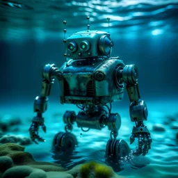 an old robot, turquoise, underwater