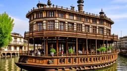 large wooden Victorian pleasure steamboat floating in the air above a city, balconies, verandas