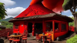 A dark red fiery spicy noodle restaurant near a volcano designed in Kuna molas painted by Georges Seurat