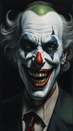 Bosch nightmares paining style Title: a joker face with cigarette in his mouth, smiling 8k,photography, photorealistic concept art, soft natural volumetric cinematic perfect light, chiaroscuro, award-winning photograph, masterpiece, oil on canvas, Raphael, Caravaggio, Greg Rutkowski, people, beksinski, Giger