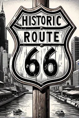A detailed black and white illustration depicts a vintage wooden Historic Route 66 sign in the foreground, angled towards the left. The sign's design features a distressed brown frame with a white shield in the center, boldly displaying "HISTORIC ROUTE" in black text above large, stylized "66" numbers. The background showcases a bustling city skyline with numerous tall buildings, including the prominent Willis Tower, all rendered in shades of grey and white. A river flows through the scene, refl
