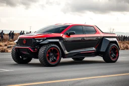a super futuristic car, for all terrain, pickup fashion, black and red colors, big wheels, inspired on volks waguen combi, stay on street full of zombies