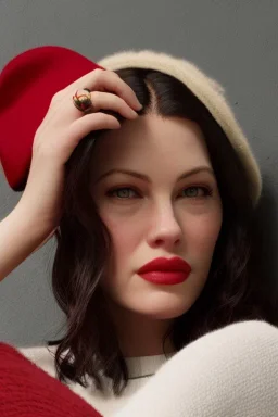 Liv Tyler is wearing a red hat, a flowery hat, and she's sitting in her own bed, in her own room.