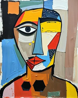 analogue collage (110 x 80cm) " a striking abstract cubist Picasso style design with face strings tape brightly colored impasto oil paintings.one eyes white a head two curved. Cubism breaks objects into geometric shapes. resting on a body holes hexagon, expressive brushstrokes bring depth and texture to the art, capturing a subtle yet bold presence" Hundreds of photos, creating a sense of depth and calm with scissors and glued onto collage board.