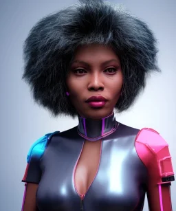 Artist, young tina turner, android woman, sweet, clean skin, afro hair, circuits, ghost in the shell, latex coat, feather, cyber punk, neon, bamboo, blood, portrait, studio photo, unreal engine 5, soft color, 16 bit, god lights, ray tracing, RTX, lumen lighting, ultra deatail, volumetric lighting, 3d, finely drawn, hd.