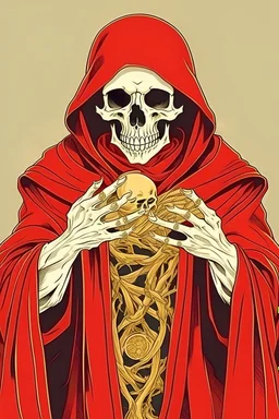 A guy in a red robe with a gold border with a hood, beige pants, a human skull,hands in the form of roots