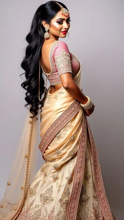 A stunningly elegant Indian bride, with a tall, slim, and athletic figure, adorned in intricate bridal makeup, complete with extremely long hair cascading down her back. She stands in a dynamic pose, showcasing a designer bridal lehenga. This captivating portrait captures the bride's radiant beauty and grace, highlighting every exquisite detail in high quality.