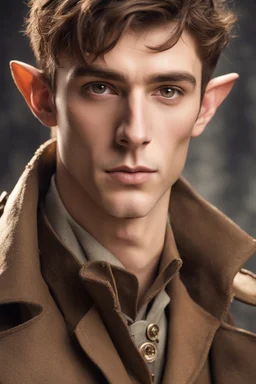 handsome young elf man of twenty years old, with brown eyes, short brown hair, dressed in a steampunk style trench coat.