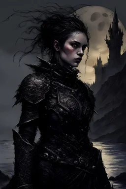 A formidable warrior girl in black armor, against the background of an amazing gloomy landscape, flooded with the light of two moons, mountains, trees, a fabulous scary landscape, juicy emotions, painting, dark fantasy, gloomy day, dark world, portrait, Gothic Town At Night, Fantasy, Intricate Details, Castle Courtyard Gardens, Hyper Detailed, Jean Baptiste Monge, Carne Griffiths, Michael Garmash, Seb Mckinnon, Masterpiece