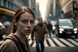 woman in close-up, medium shot, crossing a zebra crossing in a big city. In the background traffic and people out of focus. And slight smoke coming from the sewers. Realism. Cinematographic image. Image format brightness.