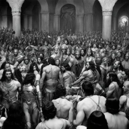 [very impressive high res masterpiece in Kodak Eastman 5247, scene by László Krasznahorkai] The Tharks were having their hands full in the center of the room, and | began to realize that nothing short of a miracle could save Dejah Thoris and myself, when | saw Tars Tarkas surging through the crowd of pygmies that swarmed about him. With one swing of his mighty long-sword he laid a dozen corpses at his feet, and so he hewed a pathway before him until in another moment he stood upon the platform b