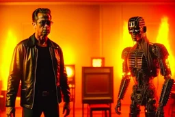 4K, two characters, a Terminator, a human hard rock fan, moving through a burning radio studio.