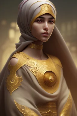 Arab young woman ,Arabic features، cute, beautiful, black eyes,Natural contours, real skin ,Modest Arabic style dress، head and shoulders portrait, cinematic, 8k, resolution concept art portrait by Greg Rutkowski, Artgerm, WLOP, Alphonse Mucha dynamic lighting hyperdetailed intricately detailed