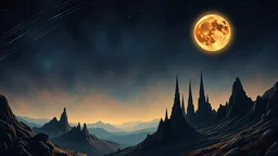 painting in the style of frazzetta, dark gothic moon eclipse fine art nouveau space moon crater deep space organic meteor dark sun spires 4k ultra HD background panorama sci fi photorealistic painting aesthetic beauty nature