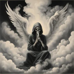 women sitting forward Her face turned upwards and blows cigarette smoke from their mouth. It depicts a figure with wings emerging from its back. a hooded skeleton can be seen behind the clouds of smoke.