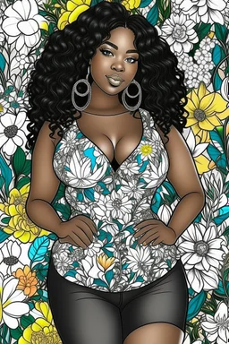 black curvy woman wearing jeans, eyes front camera coloring page floral background