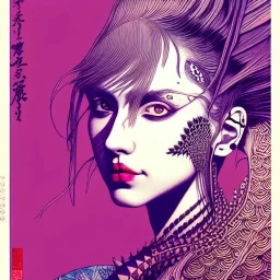 singer Danish MØ face, punk, hyper detailed, intricately detailed, illustration by <Katsushika Hokusai> <asaf hanuka> <kilian eng> <Yoji Shinkawa>, purple tones, darkred tones,