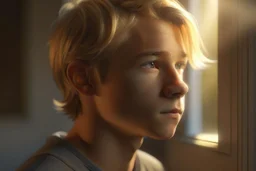 A realistic portrait of a cute teen boy with honey brown eyes and golden blond hair, innocent and thoughtful, gazing out a window, a hint of facial hair, wearing sleeveless shirt, inside an empty room with warm sunlight streaming in, detailed, high definition, 4K, 8K, quality render