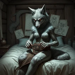 an anthropomorphic wolf woman hybrid full wolf furry on her body sitting in the middle of a bed with a sewing needle and thread in her paw sewing a wide material belt, around her in the background are some paper with sketchy line kind drawings from monster on the walls of the wooden house, high realistic, detailed, cinematic, sci-fi, digital art, dark fantasy mood