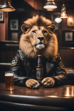 photo of a lion dressed Diesel punk outfit sitting at a table in a bar with a bar stools, bottle beer, award winning photography, Elke vogelsang, bosozoku outfit, award winner photo