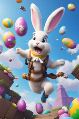 Easter bunny falling from the skye in to a pit animated like he is skydiving in fortnite looks scared