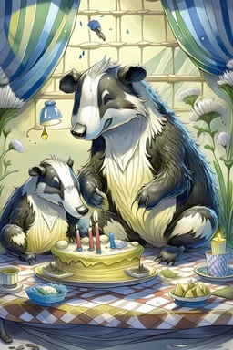 (fairy tale badger adult and little badger junior, animal by Monge)) an insanely beautiful smiling badger, extremely fine detailed fluffy fur, shining smiling eyes very well shabby chick dressed is baking a birthday cake with many light candles together with the smiling little badger, fine detailed fluffy fur, shining eyes shabby chick dressed in his kitchen with many pots: Background kitchen as in a cave, anatomically correct, flawless, full body shot, complete figure, by Monge, by Potter, by D
