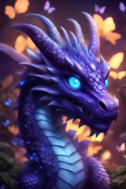 purple small dragon, glowing blue eyes, small size, glowing scales, butterflies in the background
