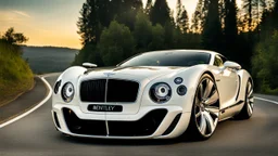 A sleek white shiny (((hypercar bentley))), its contours and details perfectly captured in a (((cinematic view))), zipping along a winding road under a beautiful blue black night sky