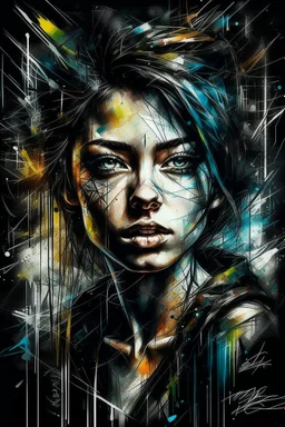 A ultra realistic poster of a beautiful girl , having word sign as “street art ”, by Daniel Castan Carne Griffiths Andreas Lie Russ Mills Leonid Afremov, black background, fine lines draw, smile