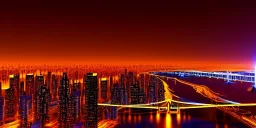 apocalypse, chaotic, magnificent, realistic, colorful, massive, epic, ray tracing, cinematic, 8k, HD, Ultra High Definition, photo film, film grain, hyper-detailed, retrowave giant futuristic city metropolis at night with bridge