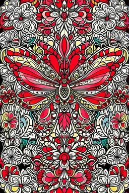 the cover for coloring book ,Easy Patterns , butterflys with flowers ,color , red background , style mandala